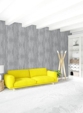 Çatı katı yatak odasında modern tarzı iç tasarım eklektik duvar ve şık kanepe. 3D render.