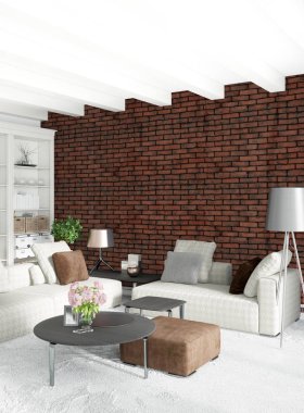 Çatı katı yatak odasında modern tarzı iç tasarım eklektik duvar ve şık kanepe. 3D render.