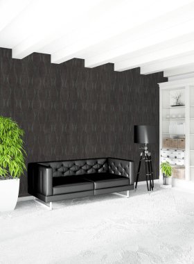 Çatı katı yatak odasında modern tarzı iç tasarım eklektik duvar ve şık kanepe. 3D render.