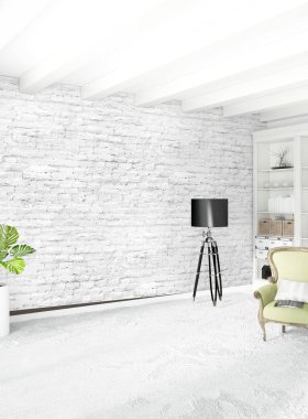 Beyaz boş yatak odası en az stil iç tasarım ahşap duvar ve boşaltmak. 3D render.