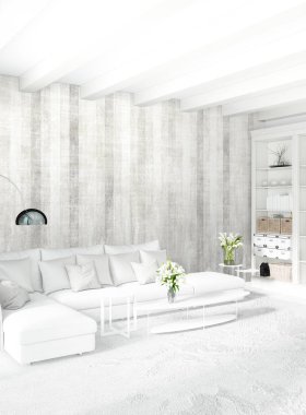 Çatı katı yatak odasında modern tarzı iç tasarım eklektik duvar ve şık kanepe. 3D render.