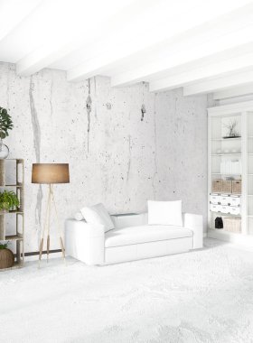 Çatı katı yatak odasında modern tarzı iç tasarım eklektik duvar ve şık kanepe. 3D render.