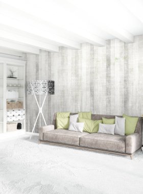 Çatı katı yatak odasında modern tarzı iç tasarım eklektik duvar ve şık kanepe. 3D render.