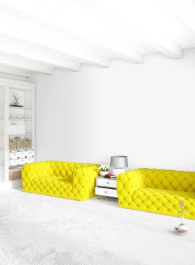 Çatı katı yatak odasında modern tarzı iç tasarım eklektik duvar ve şık kanepe. 3D render.