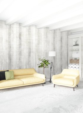 Çatı katı yatak odasında modern tarzı iç tasarım eklektik duvar ve şık kanepe. 3D render.