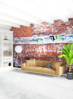 Çatı katı yatak odasında modern tarzı iç tasarım eklektik duvar ve şık kanepe. 3D render.