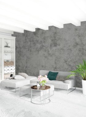 Çatı katı yatak odasında modern tarzı iç tasarım eklektik duvar ve şık kanepe. 3D render.