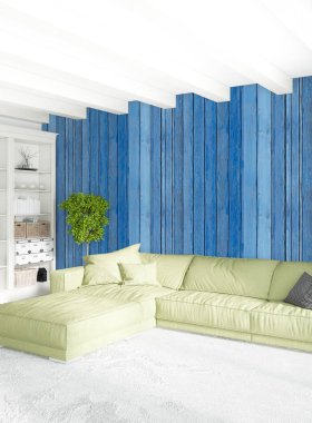 Çatı katı yatak odasında modern tarzı iç tasarım eklektik duvar ve şık kanepe. 3D render.