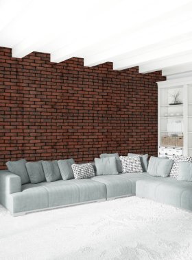 Çatı katı yatak odasında modern tarzı iç tasarım eklektik duvar ve şık kanepe. 3D render.