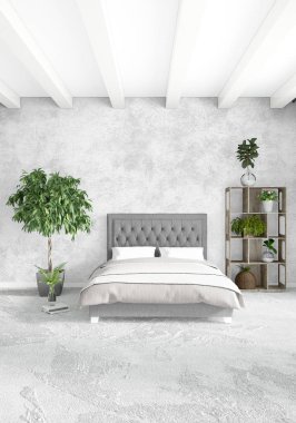 Çatı katı yatak odasında modern tarzı iç tasarım eklektik duvar ve şık kanepe. 3D render.