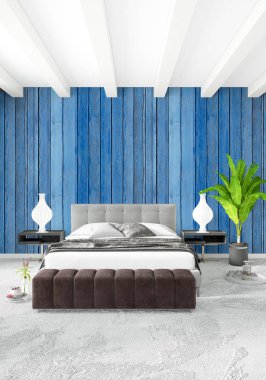 Çatı katı yatak odasında modern tarzı iç tasarım eklektik duvar ve şık kanepe. 3D render.