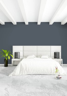 Çatı katı yatak odasında modern tarzı iç tasarım eklektik duvar ve şık kanepe. 3D render.