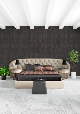 Çatı katı yatak odasında modern tarzı iç tasarım eklektik duvar ve şık kanepe. 3D render.