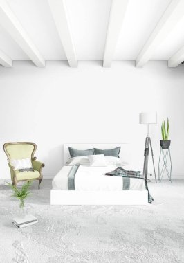 Çatı katı yatak odasında modern tarzı iç tasarım eklektik duvar ve şık kanepe. 3D render.