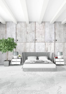 Çatı katı yatak odasında modern tarzı iç tasarım eklektik duvar ve şık kanepe. 3D render.