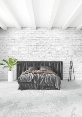 Çatı katı yatak odasında modern tarzı iç tasarım eklektik duvar ve şık kanepe. 3D render.