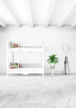 Çatı odasında modern tarzı iç tasarım eklektik duvar ve boşaltmak dikey kavramı. 3D render.