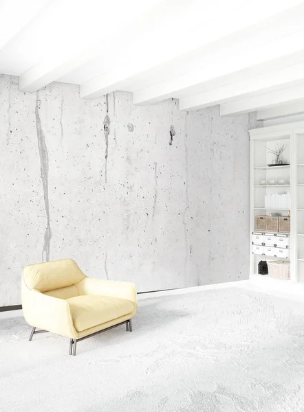 Dikey yatak odası en az ya da Loft tarzı iç tasarım. 3D render. Kavram fikir.