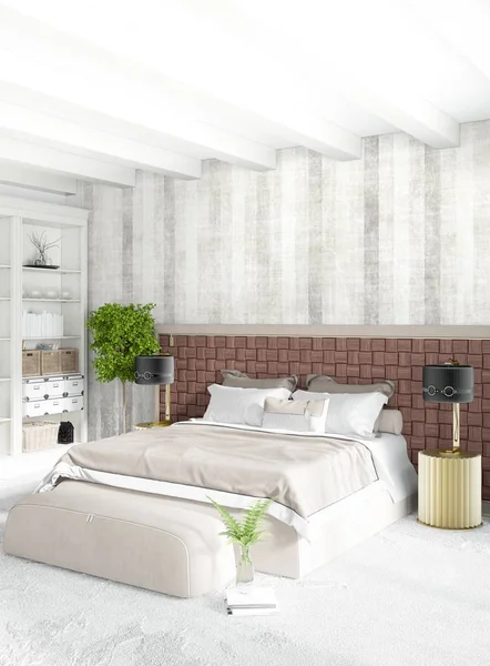 Chambre à coucher Loft dans un style moderne design intérieur avec mur éclectique et canapé élégant. Rendu 3D . — Photo