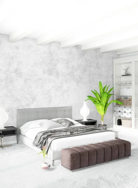 Loft-Schlafzimmer in modernem Interieur-Design mit eklektischer Wand und stilvollem Sofa. 3D-Darstellung. — Stockfoto