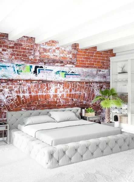 Çatı katı yatak odasında modern tarzı iç tasarım eklektik duvar ve şık kanepe. 3D render.
