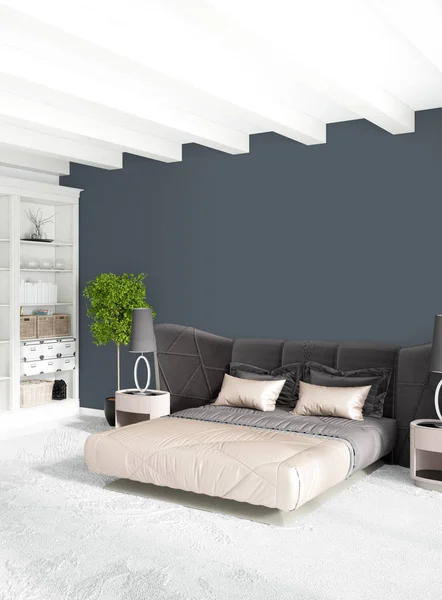阁楼卧室中的折衷主义墙与时尚沙发现代风格室内设计。3d 渲染. — 图库照片