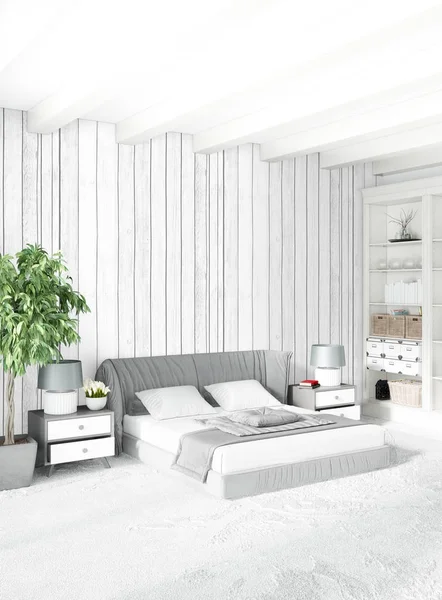 Çatı katı yatak odasında modern tarzı iç tasarım eklektik duvar ve şık kanepe. 3D render. — Stok fotoğraf