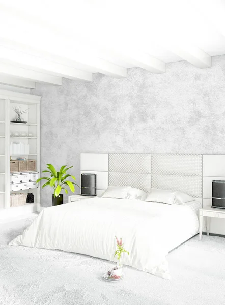 Loft camera da letto in stile moderno interior design con parete eclettica e divano elegante. Rendering 3D . — Foto Stock