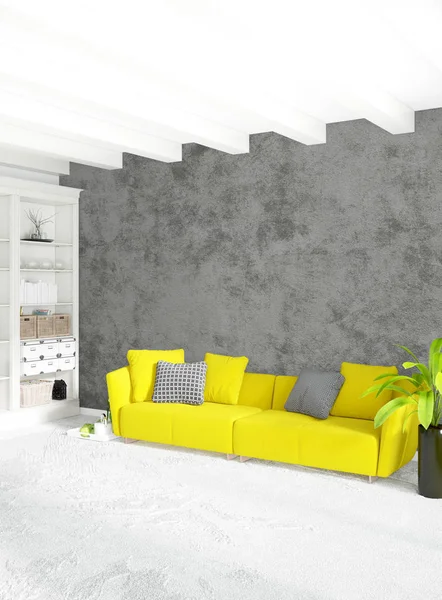 Yellow bedroom or livingroom in modern style Interior design with exuding wall and stylish furniture. 3D Rendering. — Stock Photo, Image