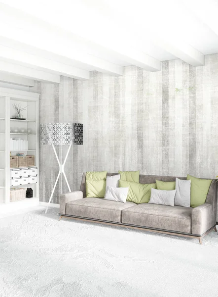 Çatı katı yatak odasında modern tarzı iç tasarım eklektik duvar ve şık kanepe. 3D render.