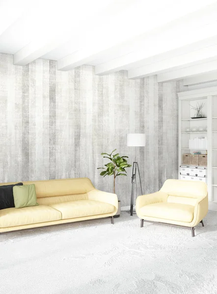 Çatı katı yatak odasında modern tarzı iç tasarım eklektik duvar ve şık kanepe. 3D render.