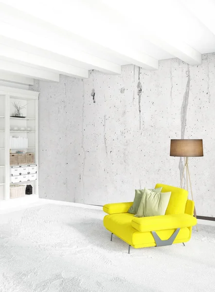 Sarı yatak odası veya oturma odası dekorasyon duvar ve şık mobilya yayan ile modern tarzda. 3D render.