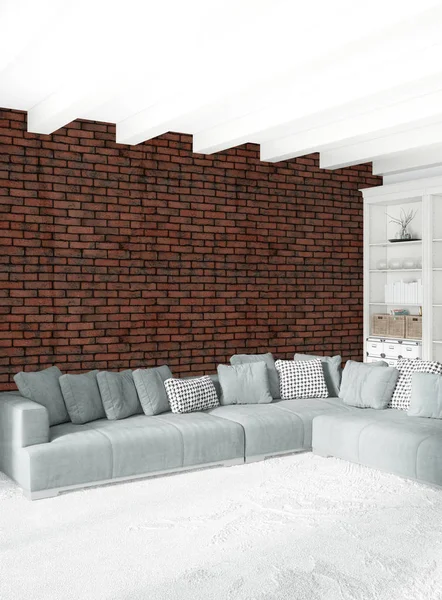 Çatı katı yatak odasında modern tarzı iç tasarım eklektik duvar ve şık kanepe. 3D render.