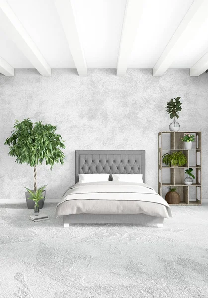 Çatı katı yatak odasında modern tarzı iç tasarım eklektik duvar ve şık kanepe. 3D render.