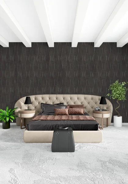 Çatı katı yatak odasında modern tarzı iç tasarım eklektik duvar ve şık kanepe. 3D render.