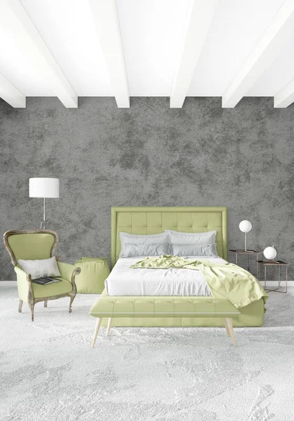 Çatı katı yatak odasında modern tarzı iç tasarım eklektik duvar ve şık kanepe. 3D render.