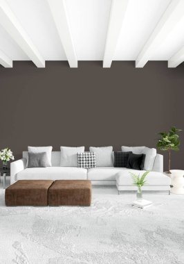 Çatı katı yatak odasında modern tarzı iç tasarım eklektik duvar ve şık kanepe. 3D render.