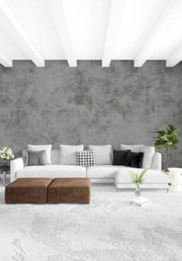 Çatı katı yatak odasında modern tarzı iç tasarım eklektik duvar ve şık kanepe. 3D render.