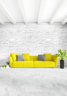 Çatı katı yatak odasında modern tarzı iç tasarım eklektik duvar ve şık kanepe. 3D render.