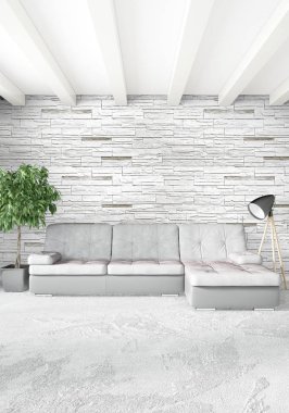 Çatı katı yatak odasında modern tarzı iç tasarım eklektik duvar ve şık kanepe. 3D render.