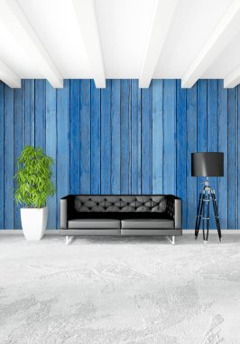 Çatı katı yatak odasında modern tarzı iç tasarım eklektik duvar ve şık kanepe. 3D render.