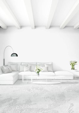 Çatı katı yatak odasında modern tarzı iç tasarım eklektik duvar ve şık kanepe. 3D render.