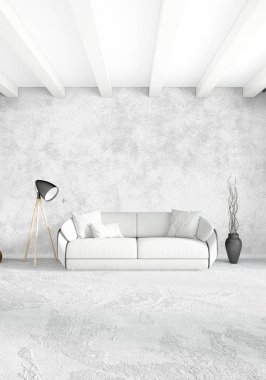 Çatı katı yatak odasında modern tarzı iç tasarım eklektik duvar ve şık kanepe. 3D render.