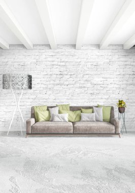 Çatı katı yatak odasında modern tarzı iç tasarım eklektik duvar ve şık kanepe. 3D render.