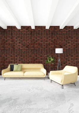 Çatı katı yatak odasında modern tarzı iç tasarım eklektik duvar ve şık kanepe. 3D render.