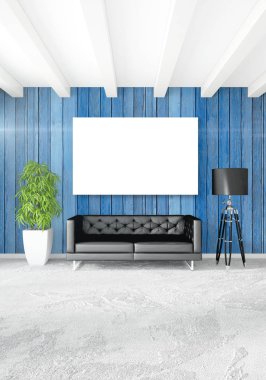 Çatı katı yatak odasında modern tarzı iç tasarım eklektik duvar ve şık kanepe. 3D render.