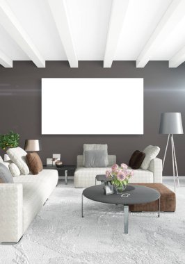 Çatı katı yatak odasında modern tarzı iç tasarım eklektik duvar ve şık kanepe. 3D render.