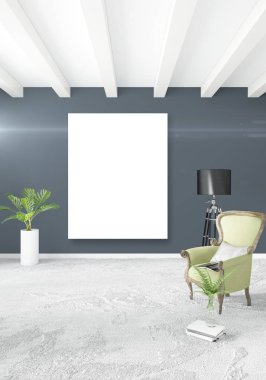 Çatı katı yatak odasında modern tarzı iç tasarım eklektik duvar ve şık kanepe. 3D render.