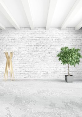 Çatı katı yatak odasında modern tarzı iç tasarım eklektik duvar ve şık kanepe. 3D render.