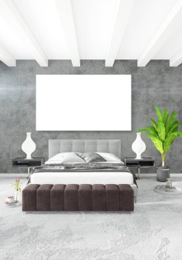 Çatı katı yatak odasında modern tarzı iç tasarım eklektik duvar ve şık kanepe. 3D render.